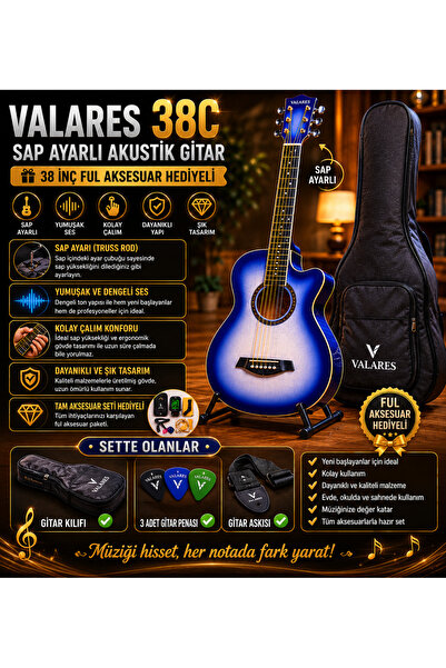 valares 38CM Kesik Kasa Mavi Sunburst Akustik Gitar 38 İnç 4/4 Sap Ayarlı Cut...