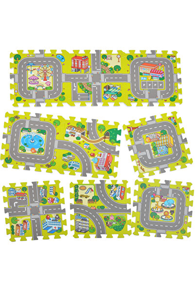 FizioTab Covoraș puzzle din spumă EVA, 9 piese, cu imprimeu stradal și animal, 90x90 cm