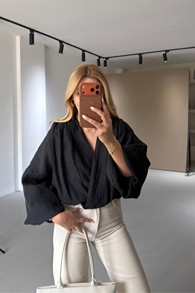 Sezgi Tekin Double-Breasted Collar Padded Voile Black Blouse