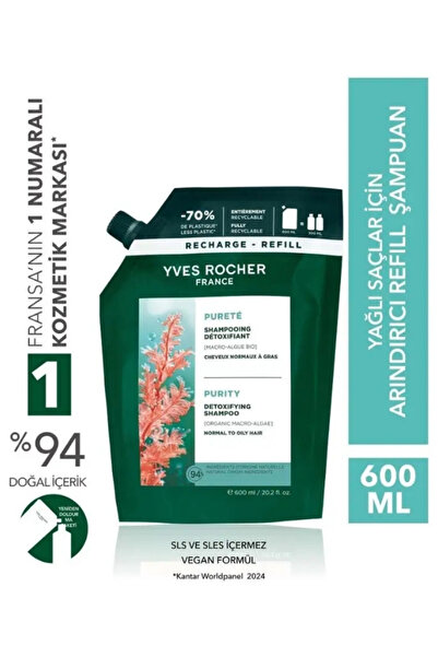 Yves Rocher Arındırıcı Refill Şampuan 600 ml Yağlı Saç Vegan Tuzsuz SLS SLES ...