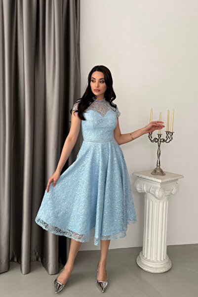 Serica Moda Baby Blue Shoulder Detailed Lace Embroidered Sequined Midi Evenin...