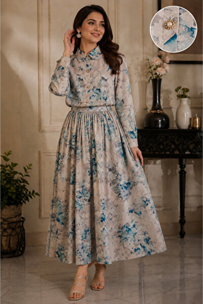 Libas lab - Blue Floral Chiffon Shirt & Skirt Co-Ord Set