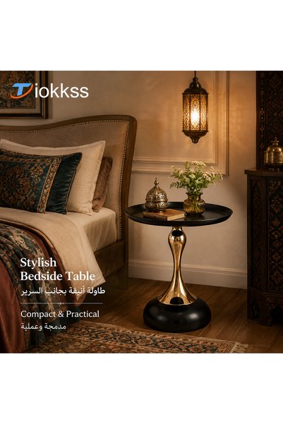 Tiokkss طاولة جانبية فاخرة سوداء وذهبية مستديرة، طاولة قهوة صغيرة بقطر 40 سم مع سطح على شكل صينية، طاولة جانبية عصرية لغرفة المعيشة، غرفة النوم، بجانب الأريكة، الشرفة، المجالس وديكور المنزل