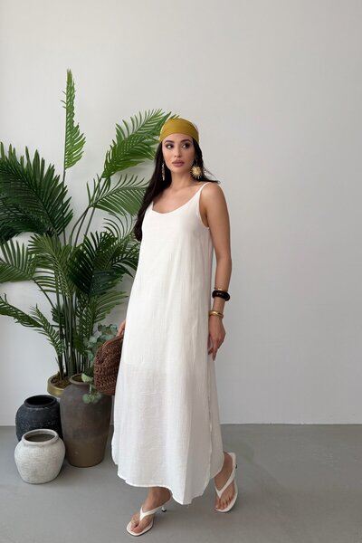 Serica Moda Ecru Adjustable Strap Lined Muslin Dress