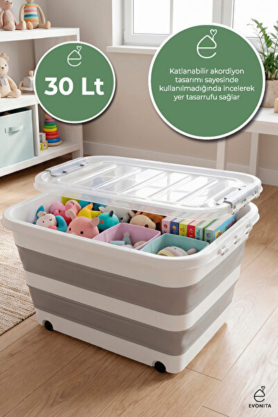 EVONİTA Katlanır Saklama Kutusu 30 Lt Tekerlekli Kapaklı Kilitli Organizer Ak...