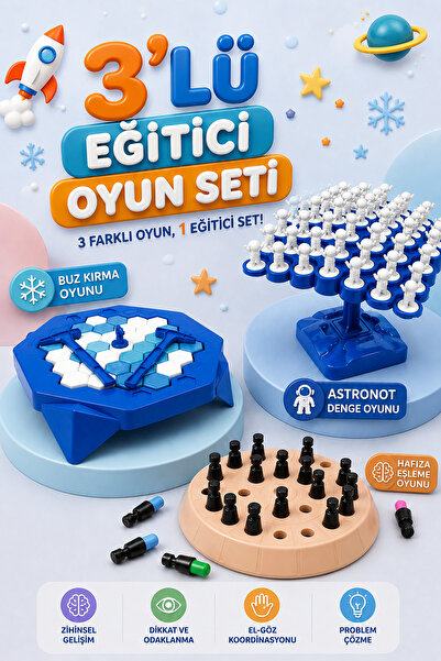 M&H 3'lü Oyun Seti - Buz Krallığı - Astronot Denge Oyunu - Hafıza Eşleme Oyun...