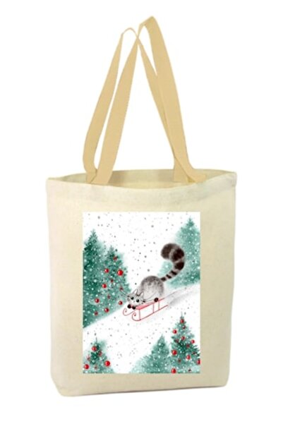 OEM Canvas tote bag with zipper, with two handles, funny winter image with ca...