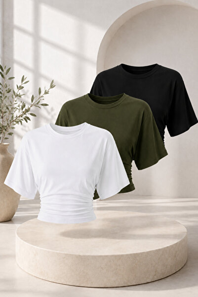 COMBİNE MİCHAİL Women's Casual Bat Sleeve 3-Piece Tight Crop Blouse