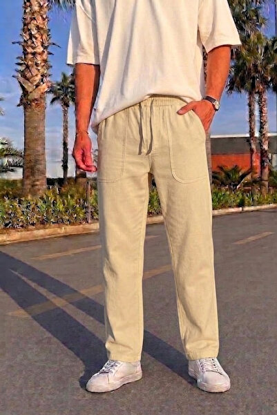 MATERIAL Men's Elastic Loose Cream Linen Look Trousers