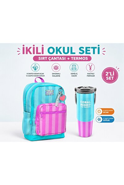 Coral High Turquoise Pink Striped Backpack 23771+34787 Thermos