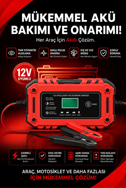 Yussraw 12v 6a Akıllı Araba Motosiklet Lcd Ekran Araç Akü Onarım Hızlı Şarj Cihazı Islak Kuru Jel Kurşunasit TAKVİYE DEİLDİR