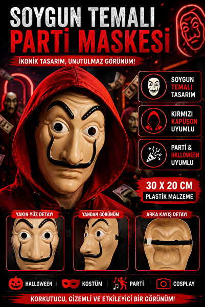 Tamsena Store Bıyıklı Soygun Temalı Parti Maskesi Kırmızı Kapüşonlu Kostüm Ma...