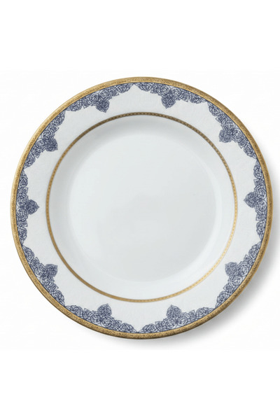 SHALLOW White Porcelain Dessert Plate with Golden Rim & Navy Blue Floral Desi...
