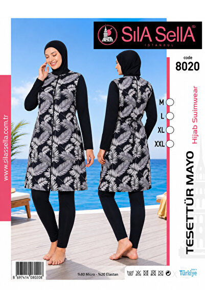 belpa Women's Leaf Patterned Full Covered Hijab Swimsuit Set Lycra Long Sleeve