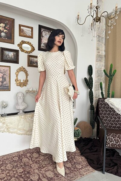 Caddebostan Moda Polka Dot Patterned Balloon Sleeve Midi Dress Vintage Design...