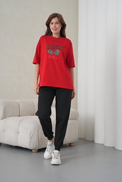 caddekombin Tricou roșu cu guler rotund cu imprimeu leopard și cireșe pentru ...