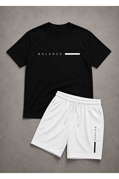 HerTarzınTrendi Men's Balance Printed Crew Neck Oversize T-Shirt Shorts Set S...