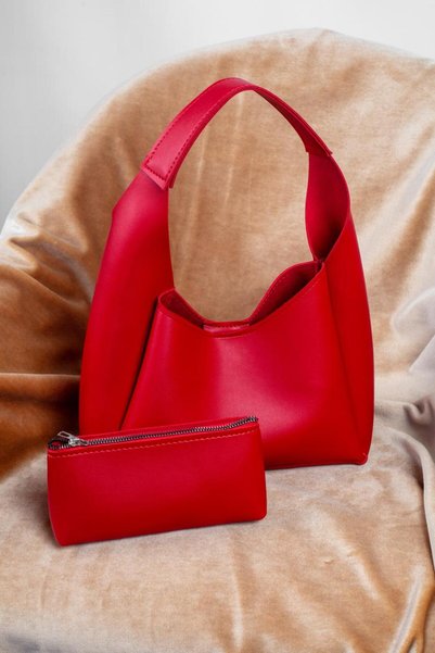 SANTA FLEX Red Faux-Chic Leather, Snap Fastener, Single Compartment, Zippered Makeup Bag, Hand, Arm and Shoulder Bag (Marteniçka Bracelet Is a Gift!) !))