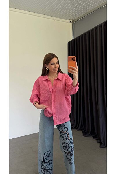 elif teke Orel Dik Çizgi Detaylı Gömlek Pembe