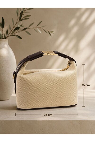 B & S Keten Kilit Detaylı Minimal El ve Omuz Çantası (25-15 cm)-Gold Tokalı Ş...