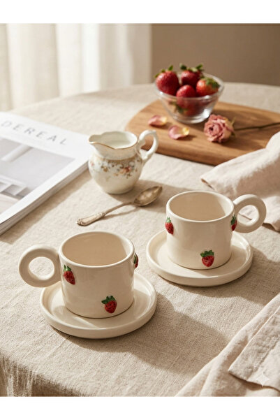 seda seramik El Yapımı Cute Strawberry Tabaklı Seramik Kupa ve Fincan Seti 20...