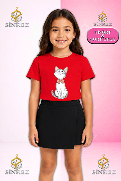 SİNREZ Set pentru fete KEDI BLACK PENCIL PINK Tricou cu mânecă scurtă imprima...