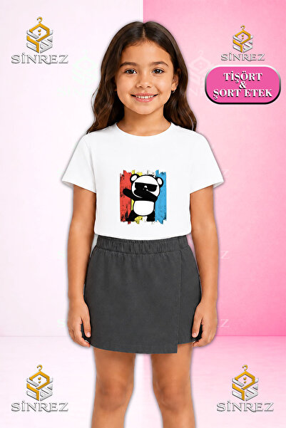 SİNREZ Girl's Set Panda Colorful Tvl Gozlklu Printed Short Sleeve T-Shirt Sho...