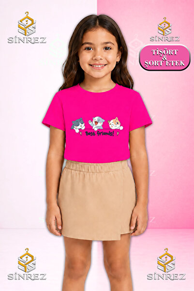 SİNREZ Girl's Set with Kedi Best Friend Writing Printed Short Sleeve T-Shirt ...