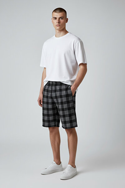 Erse Modal Cotton Men's Shorts - Black Plaid Pattern, Elastic Waist, Comforta...