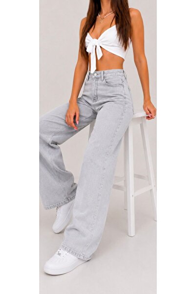 Lighter Jeans Women's Light Gray High Waist Wide Leg Palazzo Jean Trousers Lo...