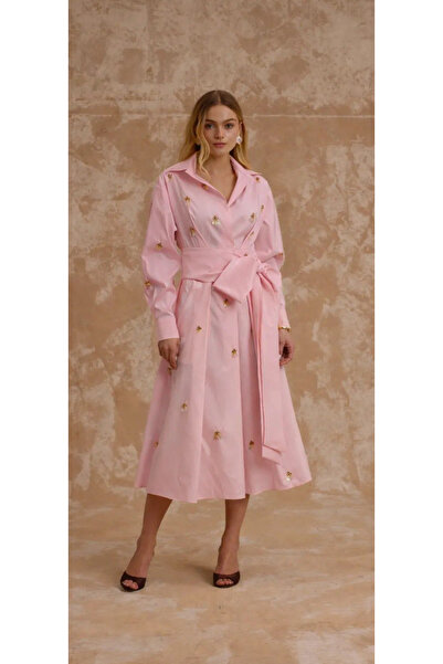 Fii Style Fashion Pembe işlemeli uzun elbise