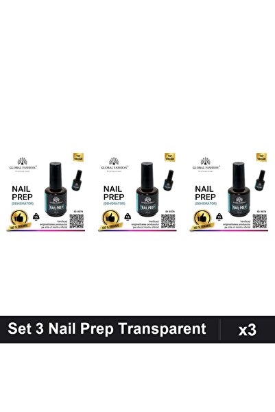 global fashion Set 3 Nail Prep 15ml, Bază Primer Top Coat Transparent Manichiură