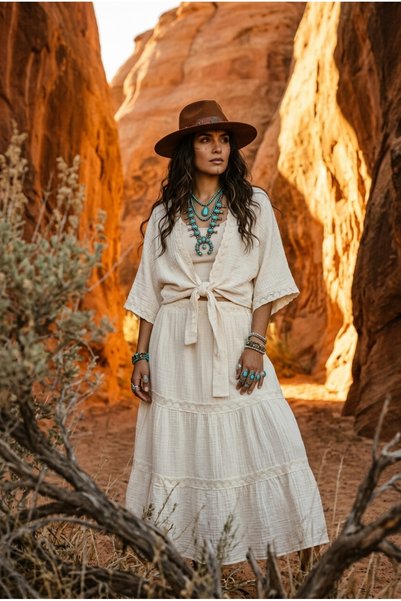 FASHION COCKTAIL Romantic Scallop Embroidered V-Neck Tie-Front Crop Blouse and Layered Ruffle Skirt Set, Muslin Ethnic Bohemian Two-Piece Set with a Burlap Look