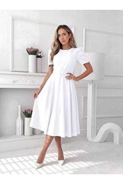OEM Rochie midi eleganta dama uni cu curea in talie si maneca bufanta