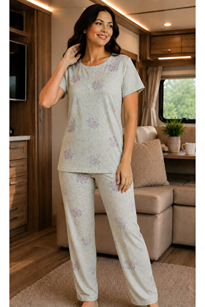 BALİS PİJAMA Women's Oversized Regular Size Bamboo Pajama Set Floral and Spec...