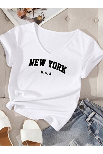 BW Bravely Wear Γυναικείο μπλουζάκι με λαιμόκοψη V NEWYORK USA με στάμπα κανο...
