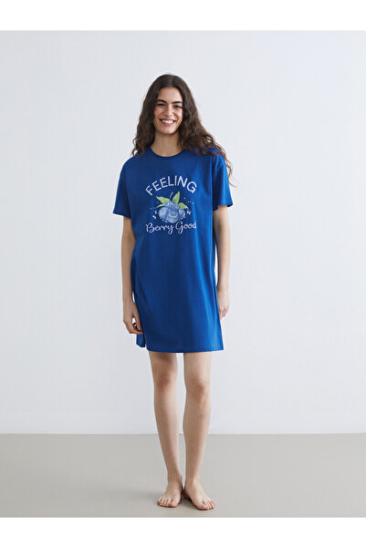 LC Waikiki Nevavm Women's Nightgown with Oval Collar and Printed Design
