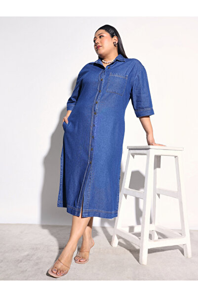 Sassafras By Styli Plus Size Denim Shirt Midi Dress with Pockets