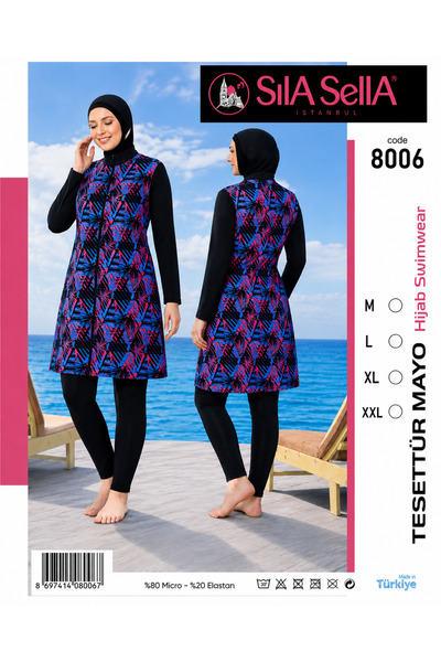belpa Women's Patterned Full Covered Hijab Swimsuit Set Lycra Long Sleeve