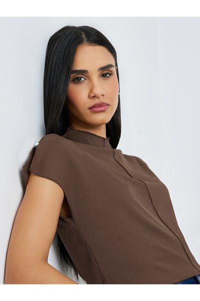 Styli Brown Ribbed High Neck T-Shirt