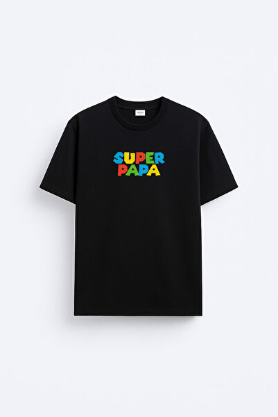 cesita Tricou negru din țesătură de bumbac imprimată Super Papa Baba Ziua Tat...