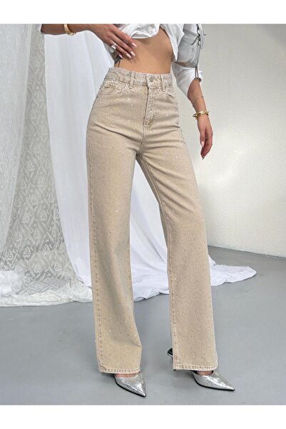 Vooz Kadın Taşlı Wide Leg Jean Yüksek Bel Geniş Paça Denim Pantolon Bej
