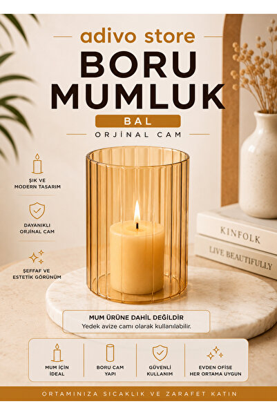 Dekoratif Bal Renk Boru Mumluk ve Yedek Avize Camı 15 cm x 10 cm Orijinal Cam