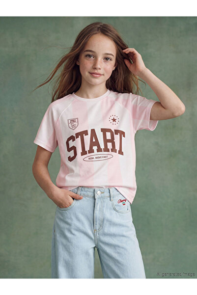 LC Waikiki Trendlucky Girls' T-Shirt with Oval Collar and Printed Design