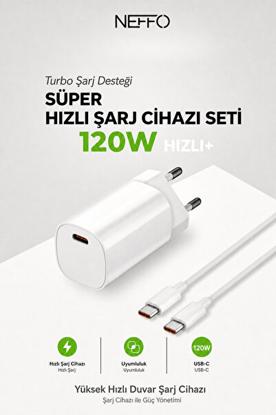 NEFFO 120W Süper Hızlı Şarj Cihazı Seti USB-C Turbo Adaptör