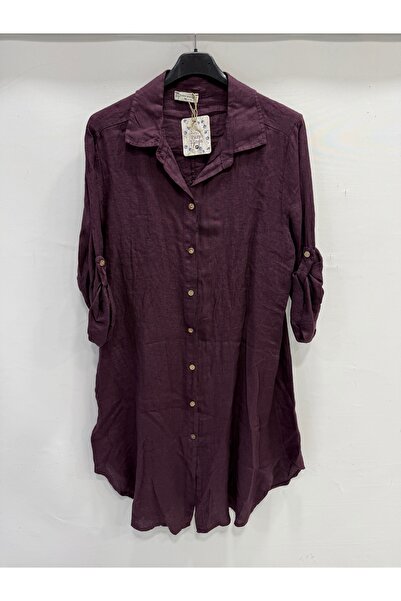 della moor Burgundy Italian Folded Long Sleeve Linen Tunic Shirt Dress 38 - 4...