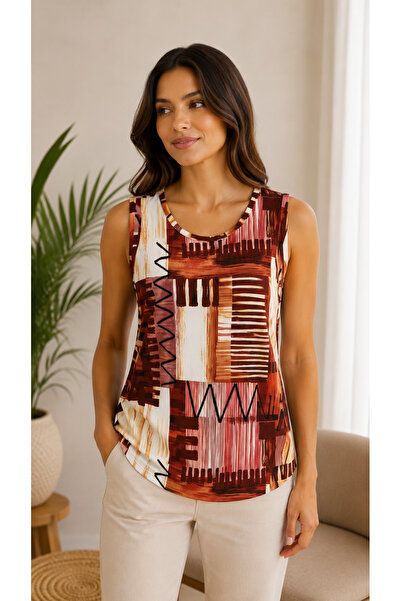 Kokosh moda New Season Women's Patterned Round Neck Strappy Single Jersey Blouse