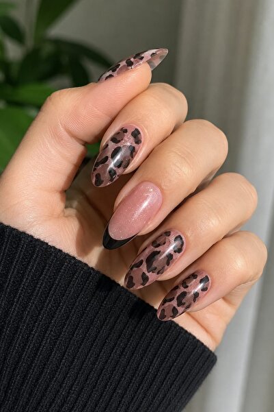 Kinlee 12'li Leopar Desenli Takma Tırnak Seti Uzun Badem Form Parlak Nude Kah...