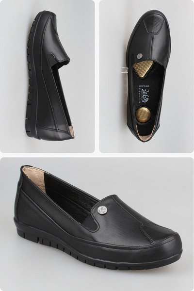 EDİK Shoes for Daily and Mother Use Genuine Leather Lining Heel Cushioned System M127 Black