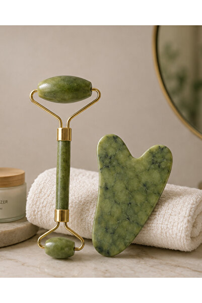 Jade Roller ve Gua Sha Taşı Yüz Bakım Masaj Seti